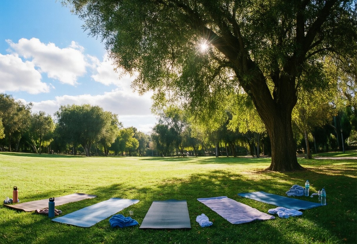Grupo de personas haciendo yoga al aire libre en un parque