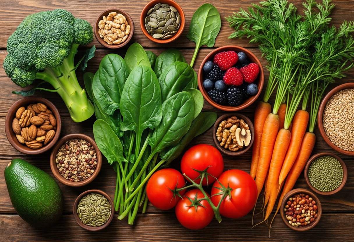 Mesa con alimentos frescos y coloridos: verduras, frutas y semillas